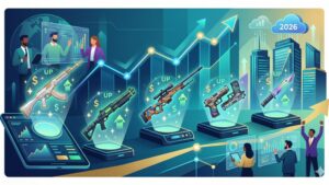 Современная иллюстрация с редкими скинами CS2 для статьи о недооцененных инвестициях в 2026 году