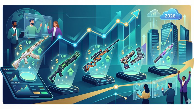 Современная иллюстрация с редкими скинами CS2 для статьи о недооцененных инвестициях в 2026 году