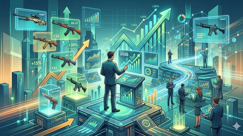 Современная иллюстрация к статье о стратегиях инвестирования в скины CS 2 в 2026 году